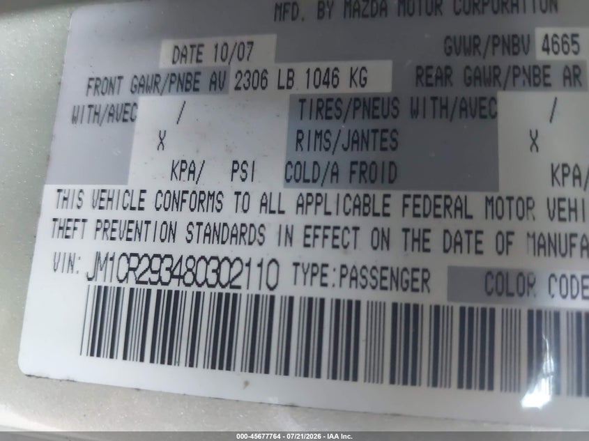 2008 Mazda Mazda5 Grand Touring VIN: JM1CR293480302110 Lot: 45677764