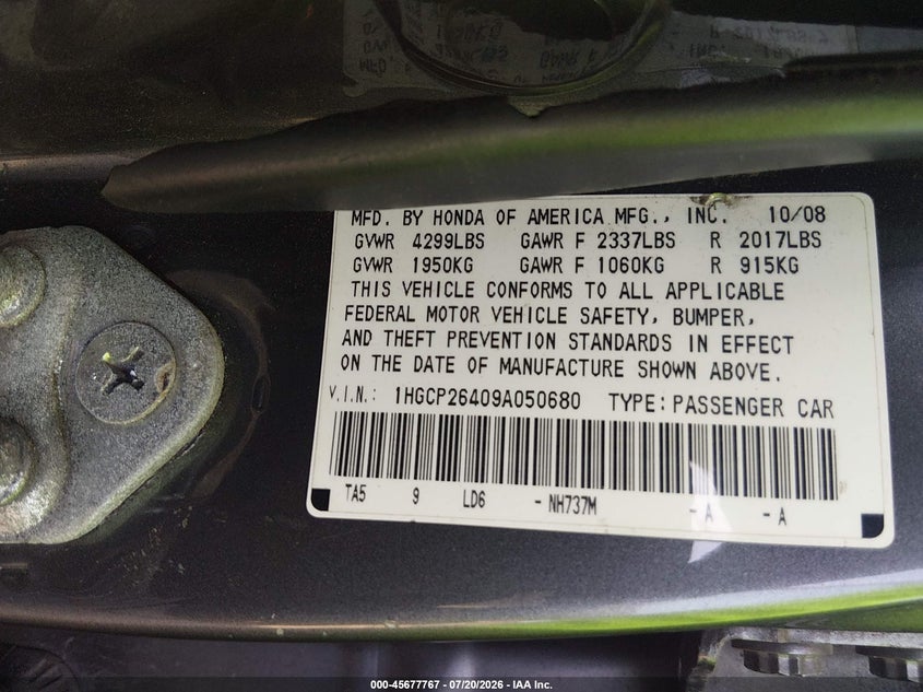 2009 Honda Accord 2.4 Lx-P VIN: 1HGCP26409A050680 Lot: 45677767