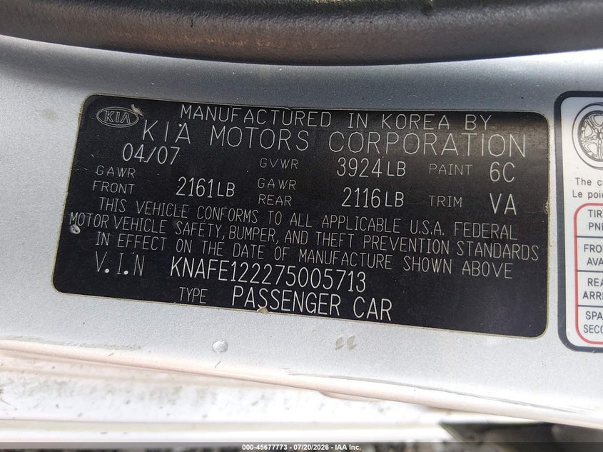 2007 Kia Spectra Sx VIN: KNAFE122275005713 Lot: 45677773