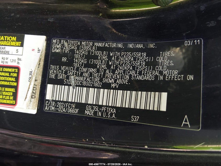 2011 Toyota Sienna Le VIN: 5TDJK3DC1BS021802 Lot: 45677774