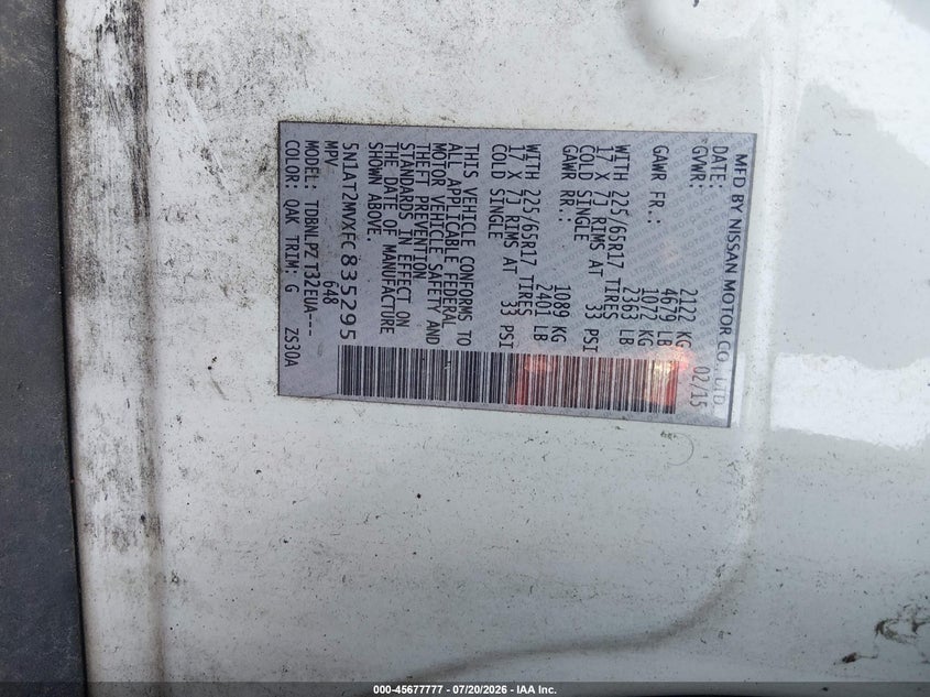 2015 Nissan Rogue S VIN: 5N1AT2MVXFC835295 Lot: 45677777