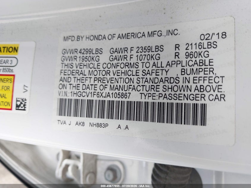 2018 Honda Accord Ex-L VIN: 1HGCV1F6XJA105867 Lot: 45677855