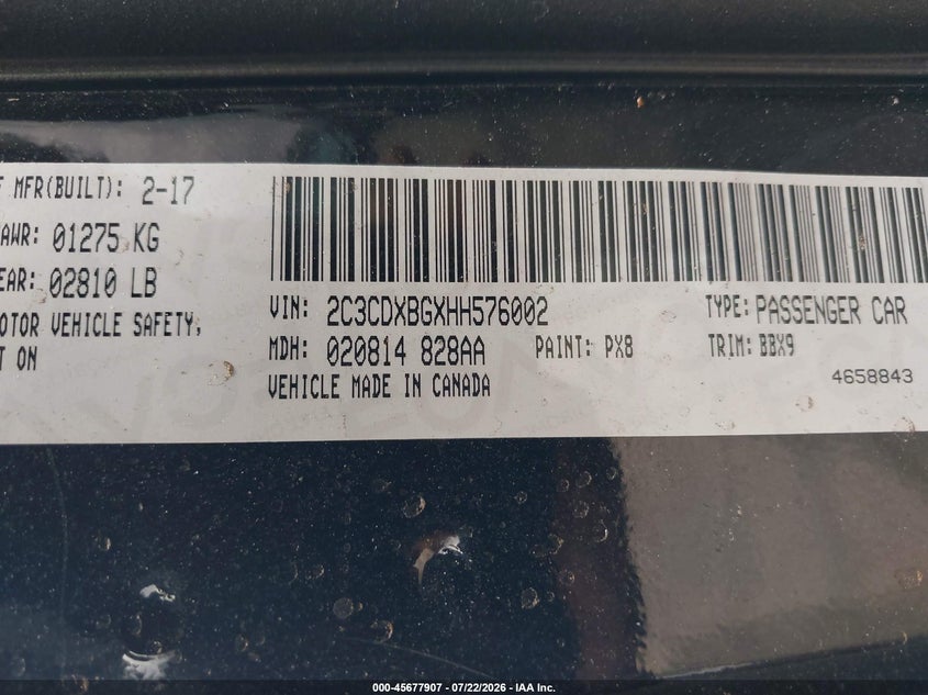 DODGE CHARGER 2017 VIN 2C3CDXBGXHH576002