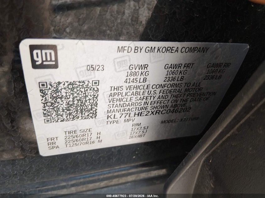 2024 Chevrolet Trax Fwd Lt VIN: KL77LHE2XRC046202 Lot: 45677923