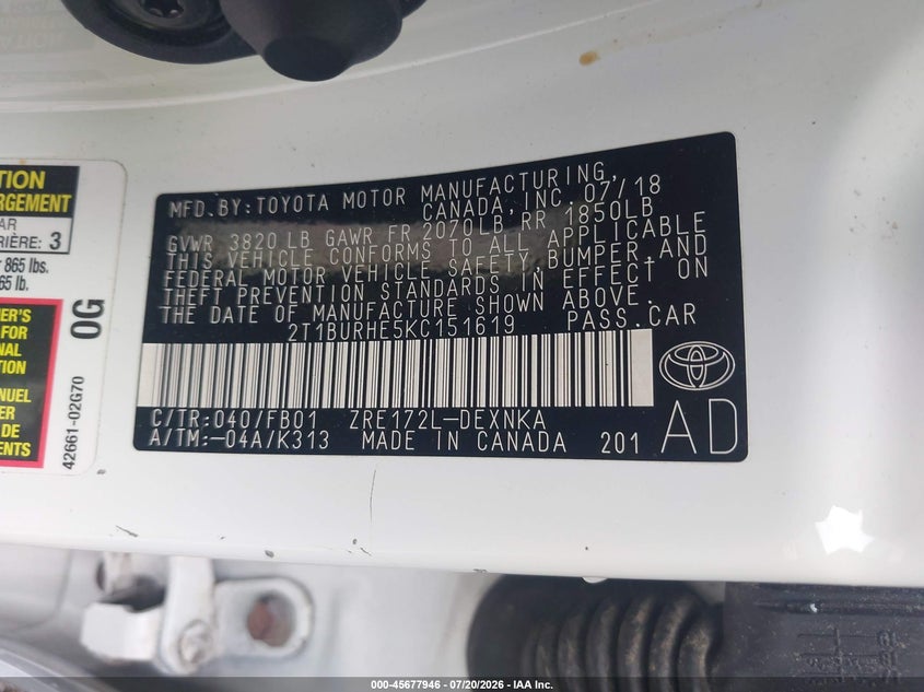 2019 Toyota Corolla Le VIN: 2T1BURHE5KC151619 Lot: 45677946