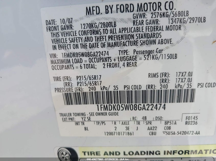 2008 Ford Taurus X Sel VIN: 1FMDK05W08GA22474 Lot: 45677960