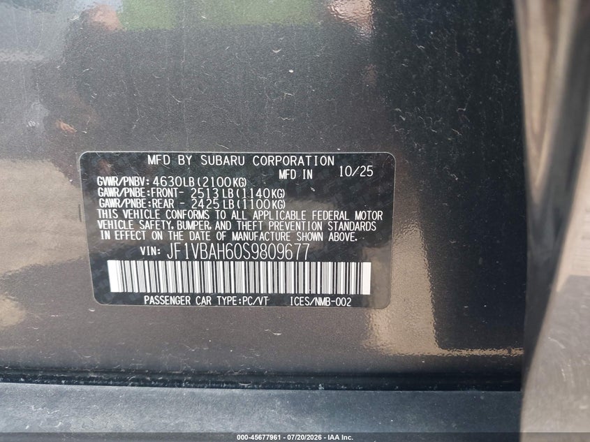 2025 Subaru Wrx Premium VIN: JF1VBAH60S9809677 Lot: 45677961