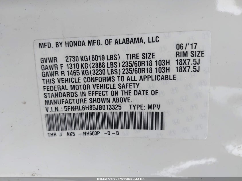 HONDA ODYSSEY 2018 VIN 5FNRL6H85JB013325