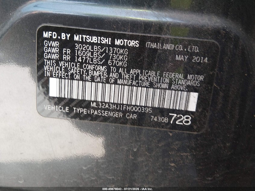 2015 Mitsubishi Mirage De/Rf VIN: ML32A3HJ1FH000395 Lot: 45678043