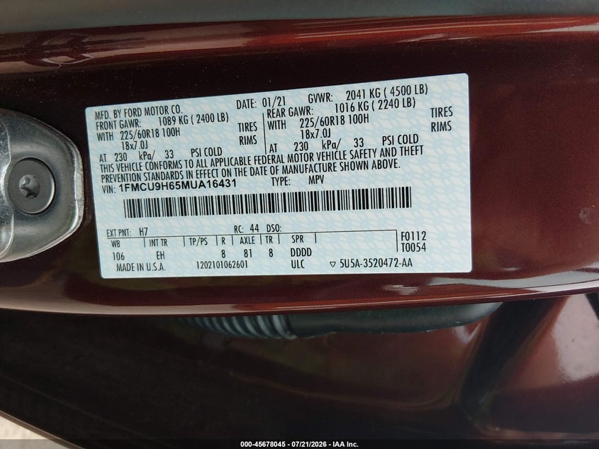 2021 Ford Escape Sel VIN: 1FMCU9H65MUA16431 Lot: 45678045