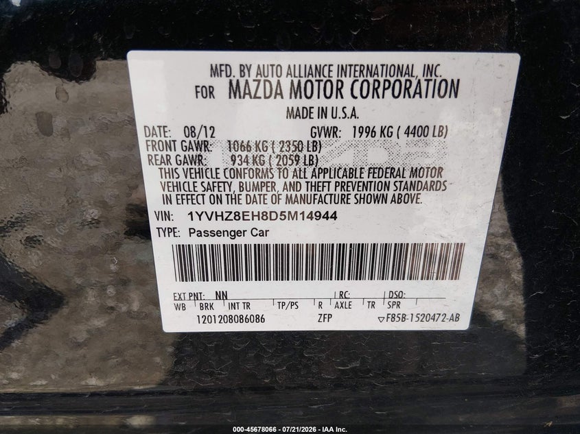 2013 Mazda Mazda6 I Touring Plus VIN: 1YVHZ8EH8D5M14944 Lot: 45678066
