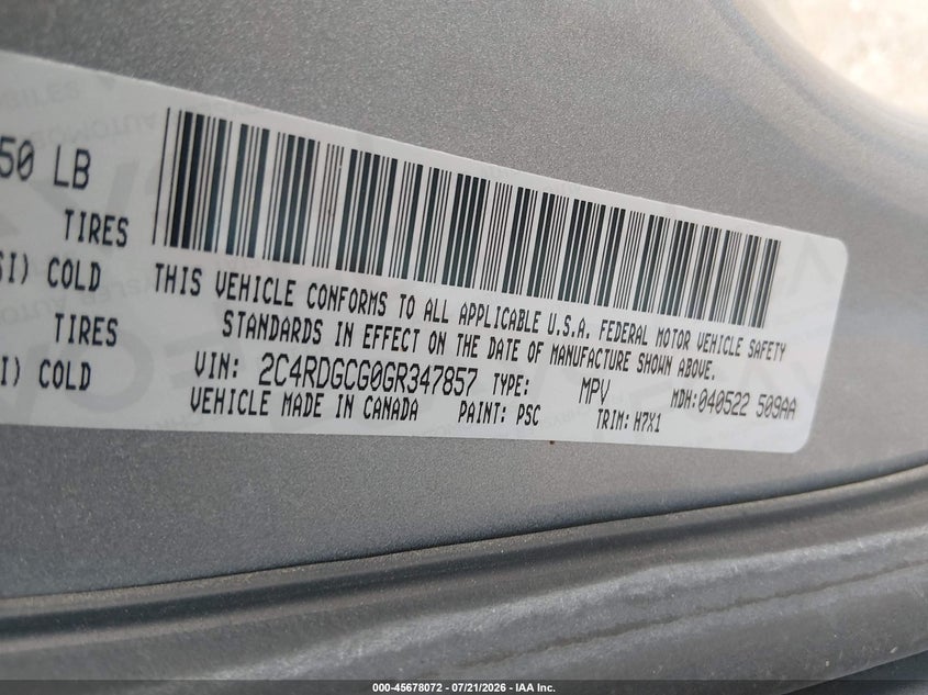 2016 Dodge Grand Caravan Sxt VIN: 2C4RDGCG0GR347857 Lot: 45678072