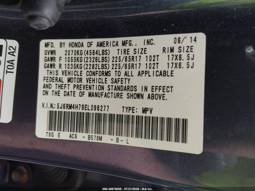 2014 Honda Cr-V Ex-L VIN: 5J6RM4H79EL096277 Lot: 45678085