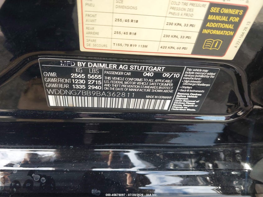 2011 Mercedes-Benz S 550 VIN: WDDNG7BB9BA362811 Lot: 45678097