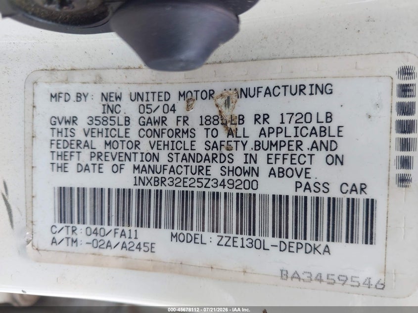 2005 Toyota Corolla Ce VIN: 1NXBR32E25Z349200 Lot: 45678112