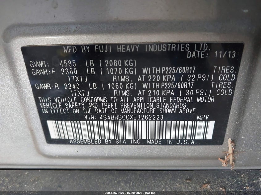 2014 Subaru Outback 2.5I Premium VIN: 4S4BRBCCXE3262223 Lot: 45678127