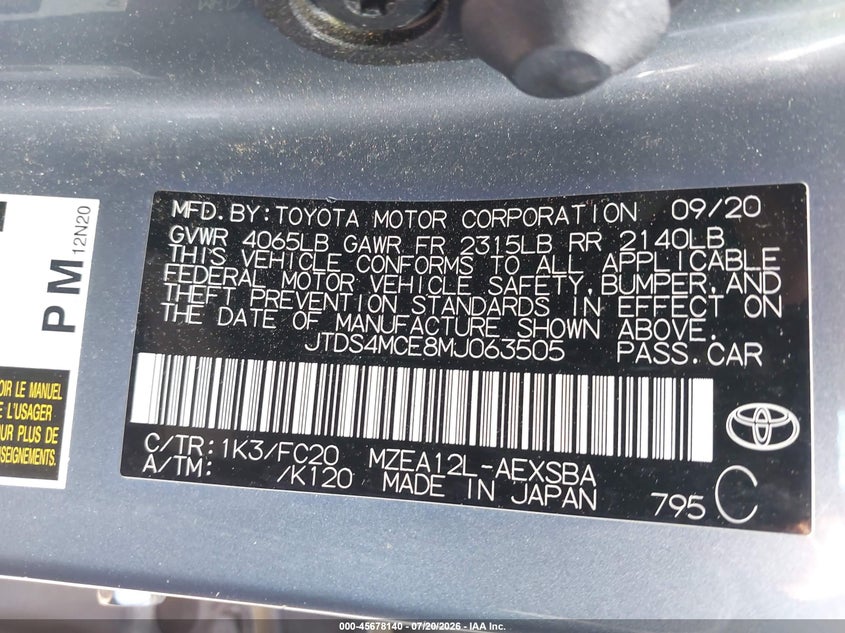2021 Toyota Corolla Se VIN: JTDS4MCE8MJ063505 Lot: 45678140