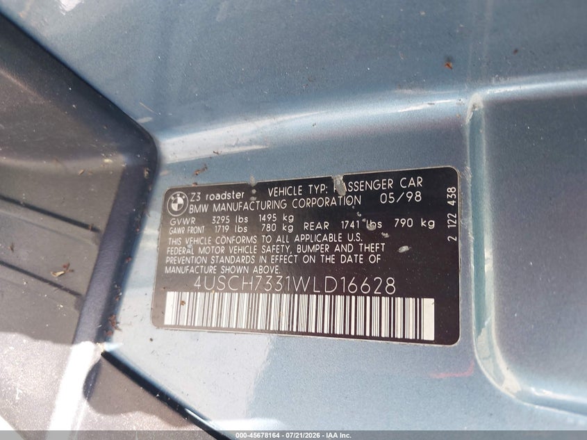 1998 BMW Z3 1.9 VIN: 4USCH7331WLD16628 Lot: 45678164