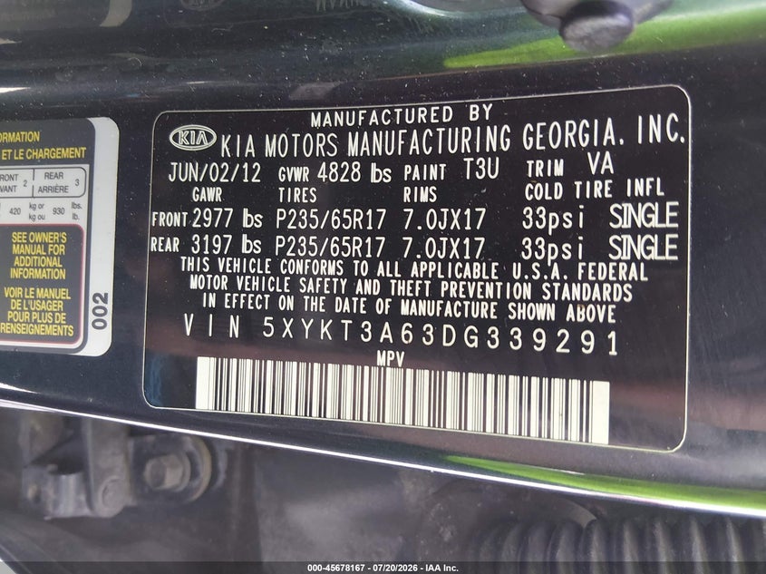 2013 Kia Sorento Lx VIN: 5XYKT3A63DG339291 Lot: 45678167