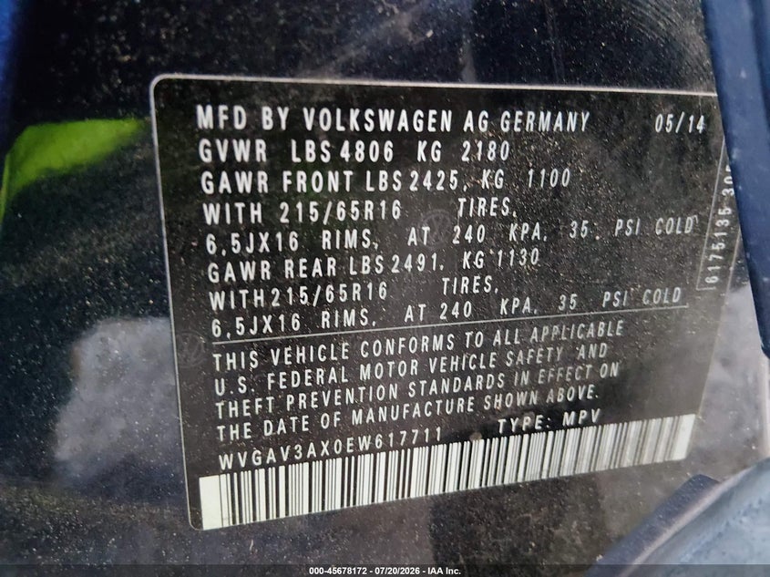 2014 Volkswagen Tiguan S VIN: WVGAV3AX0EW617711 Lot: 45678172