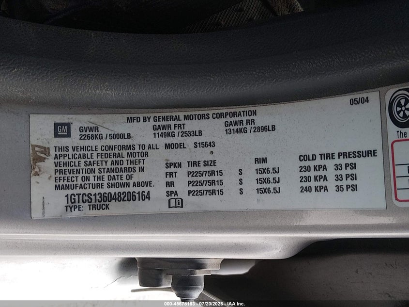 2004 GMC Canyon Sle VIN: 1GTCS136048206164 Lot: 45678183