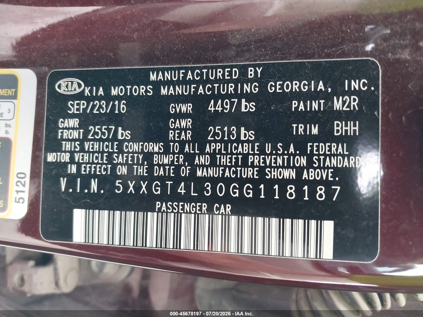 2016 Kia Optima Lx VIN: 5XXGT4L30GG118187 Lot: 45678197