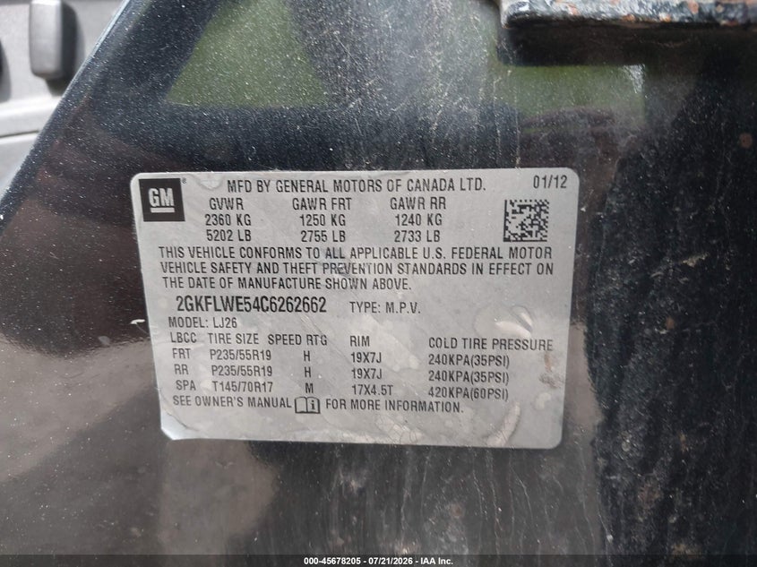 2012 GMC Terrain Slt-2 VIN: 2GKFLWE54C6262662 Lot: 45678205