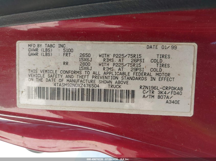 1999 Toyota Tacoma Prerunner VIN: 4TASM92N0XZ476504 Lot: 45678226