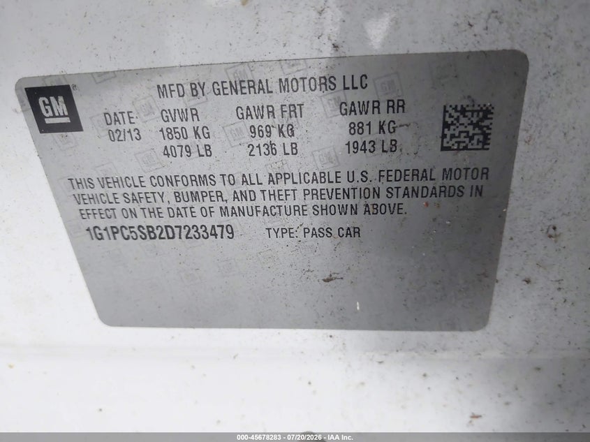 2013 Chevrolet Cruze 1Lt Auto VIN: 1G1PC5SB2D7233479 Lot: 45678283
