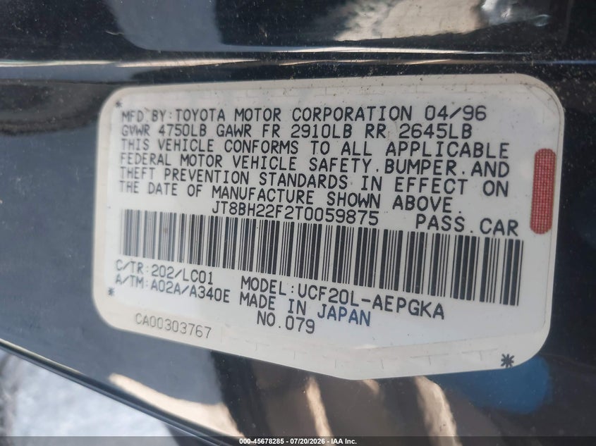 1996 Lexus Ls 400 VIN: JT8BH22F2T0059875 Lot: 45678285