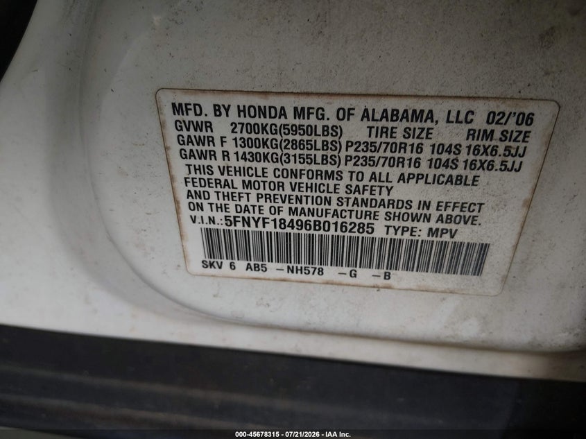 2006 Honda Pilot Ex VIN: 5FNYF18496B016285 Lot: 45678315