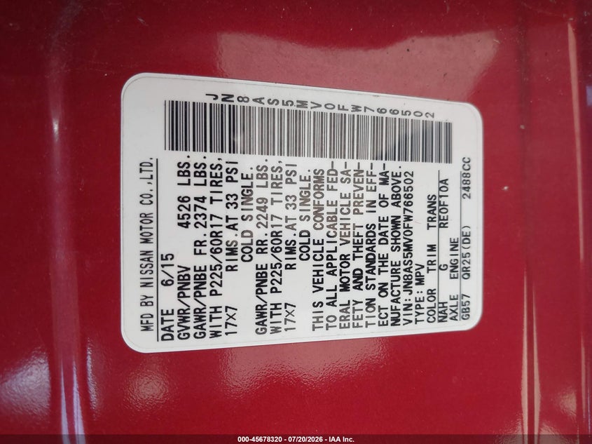 2015 Nissan Rogue Select S VIN: JN8AS5MV0FW766502 Lot: 45678320