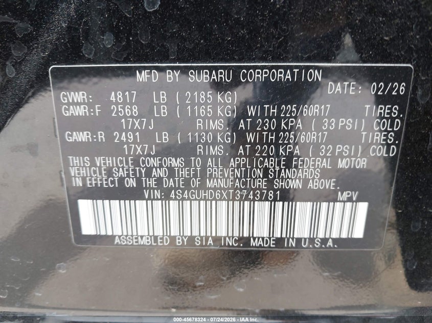 SUBARU CROSSTREK 2026 VIN 4S4GUHD6XT3743781