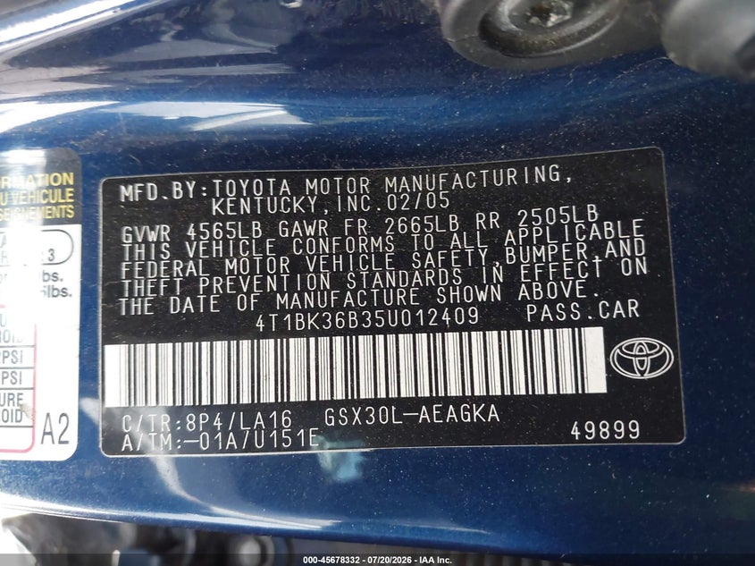 2005 Toyota Avalon Xls VIN: 4T1BK36B35U012409 Lot: 45678332