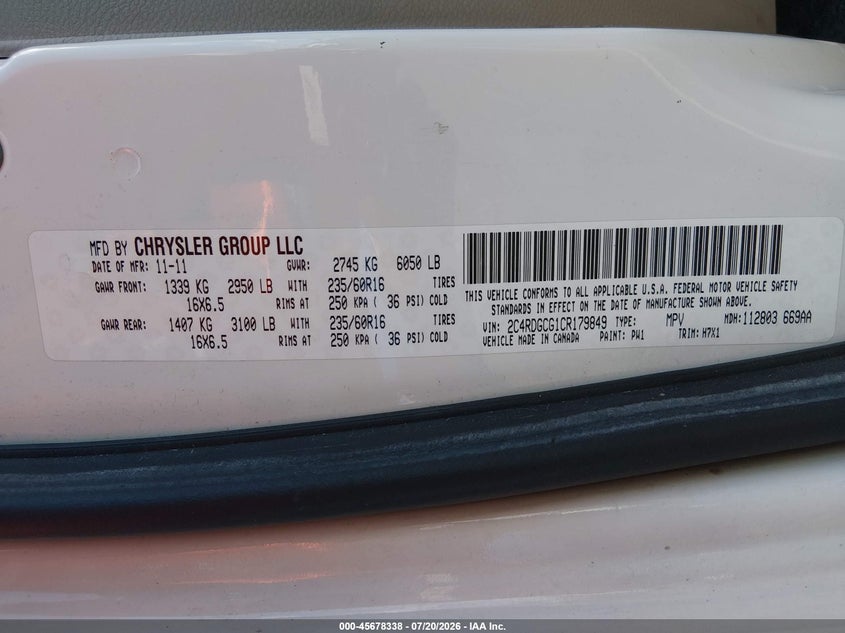 2012 Dodge Grand Caravan Sxt VIN: 2C4RDGCG1CR179849 Lot: 45678338