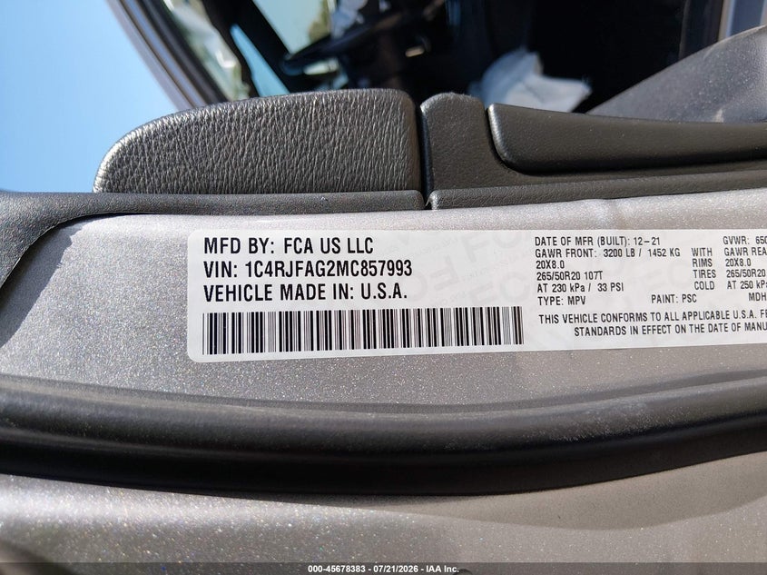2021 Jeep Grand Cherokee Laredo X 4X4 VIN: 1C4RJFAG2MC857993 Lot: 45678383