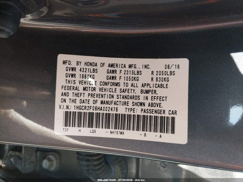 2017 Honda Accord Ex VIN: 1HGCR2F06HA002476 Lot: 45678388