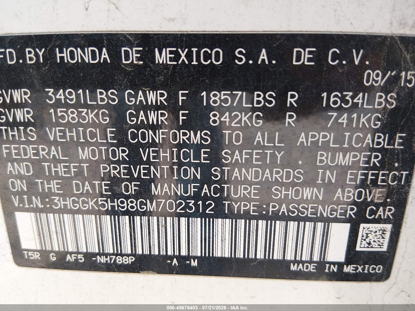 2016 Honda Fit Ex-L VIN: 3HGGK5H98GM702312 Lot: 45678403