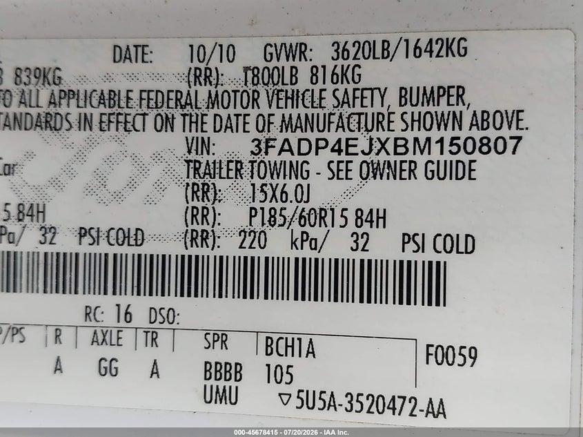 2011 Ford Fiesta Se VIN: 3FADP4EJXBM150807 Lot: 45678415