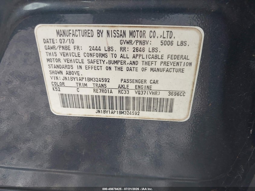 2011 Infiniti M37 VIN: JN1BY1AP1BM324592 Lot: 45678425