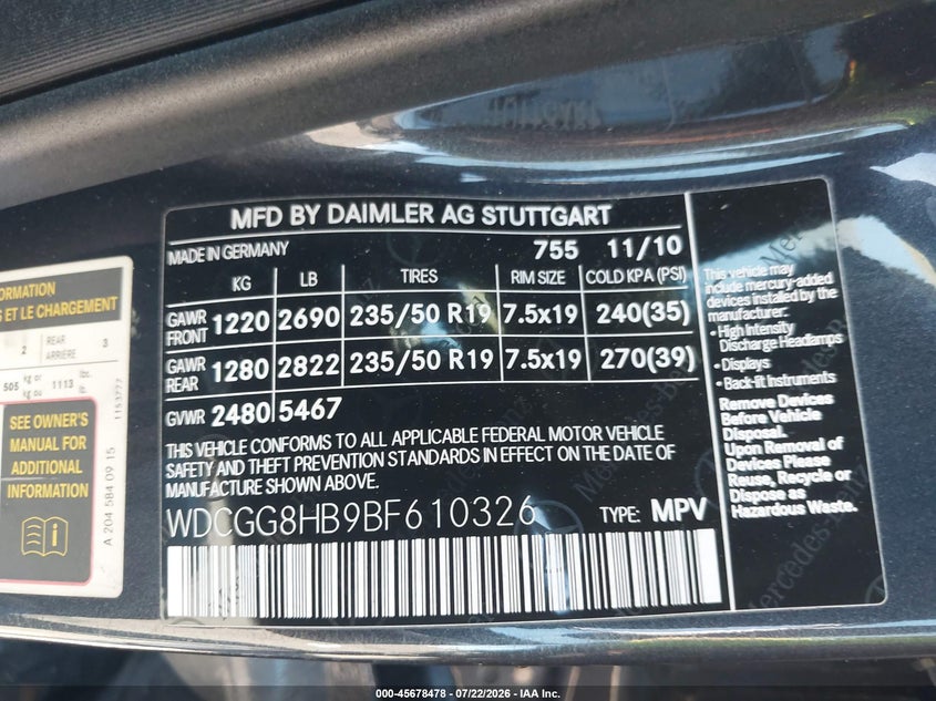 MERCEDES-BENZ GLK 350 2011 VIN WDCGG8HB9BF610326