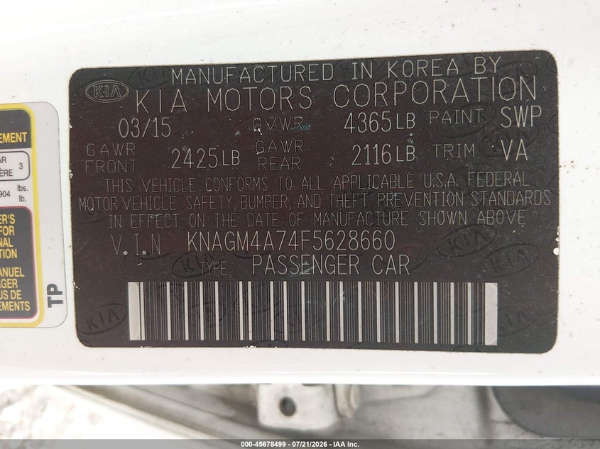 2015 Kia Optima Lx VIN: KNAGM4A74F5628660 Lot: 45678499