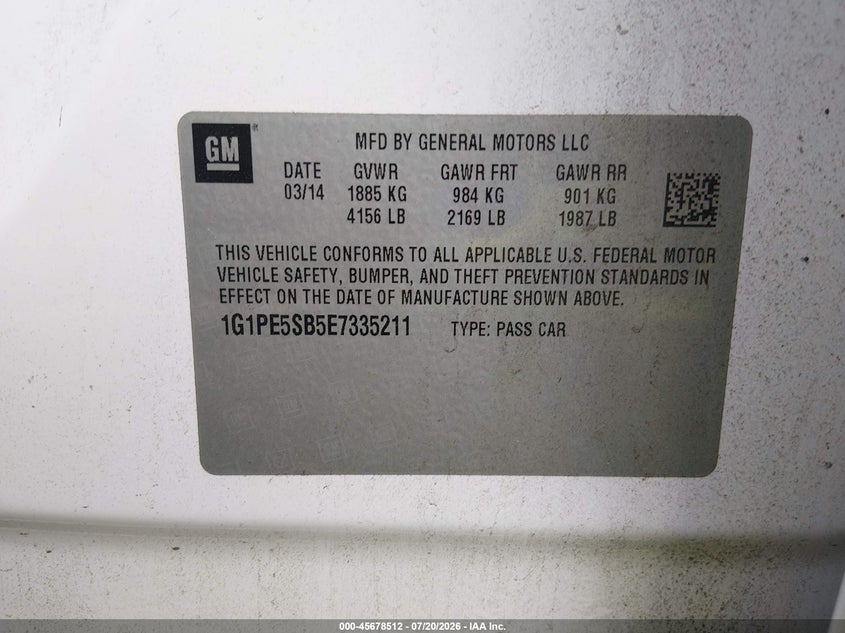 CHEVROLET CRUZE 2014 VIN 1G1PE5SB5E7335211