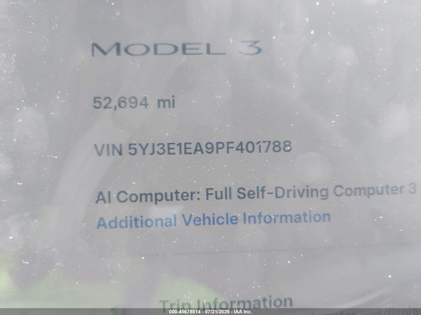 2023 Tesla Model 3 Rear-Wheel Drive VIN: 5YJ3E1EA9PF401788 Lot: 45678514