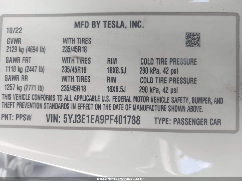 2023 Tesla Model 3 Rear-Wheel Drive VIN: 5YJ3E1EA9PF401788 Lot: 45678514