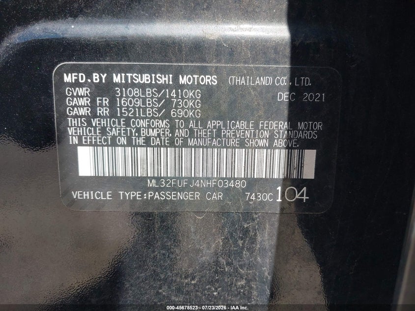 2022 MITSUBISHI MIRAGE SEDAN 1.2L I-3 DOHC, VVT, 78HP