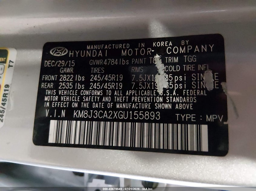 2016 Hyundai Tucson Sport VIN: KM8J3CA2XGU155893 Lot: 45678549