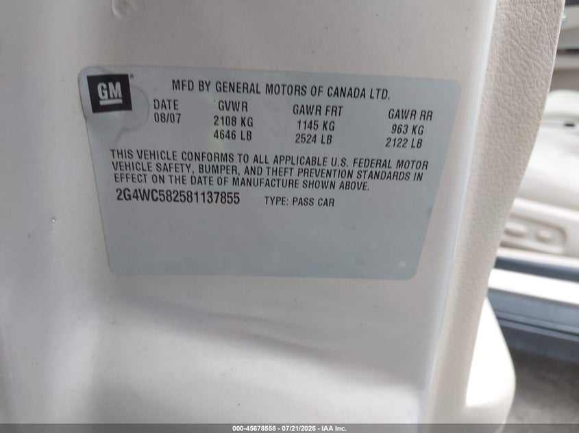 2008 Buick Lacrosse Cx VIN: 2G4WC582581137855 Lot: 45678558