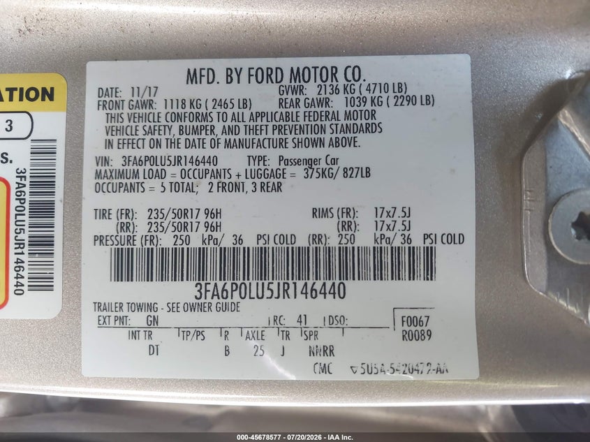 2018 Ford Fusion Hybrid Se VIN: 3FA6P0LU5JR146440 Lot: 45678577