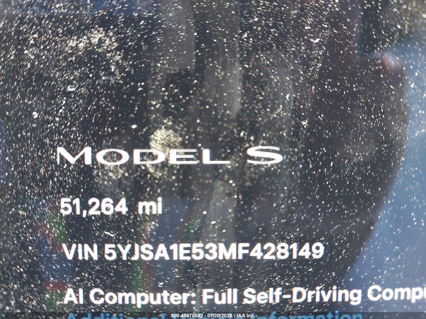 2021 Tesla Model S Long Range Dual Motor All-Wheel Drive VIN: 5YJSA1E53MF428149 Lot: 45678582